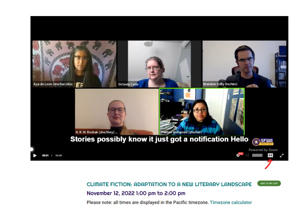 Screenshot of a panel on on events.sfwa.org with an arrow pointing to the closed caption button in the bottom right corner.