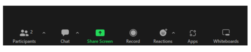 Screenshot of the controls at the bottom of a Zoom meeting.