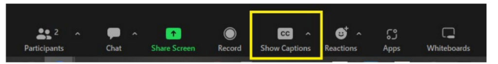 Screenshot of the controls at the bottom of a Zoom meeting, including the closed caption button with a square around it.