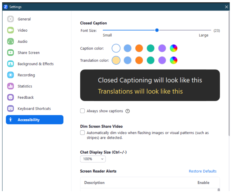 A screenshot showing all the closed caption settings in Zoom.