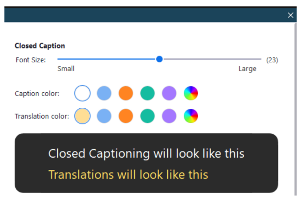 A screenshot demonstrating how to change the color or size of closed captions on Zoom.