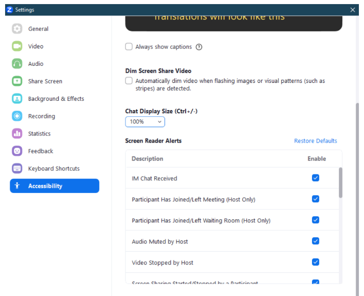 A screenshot showing how to change screen reader settings on Zoom.