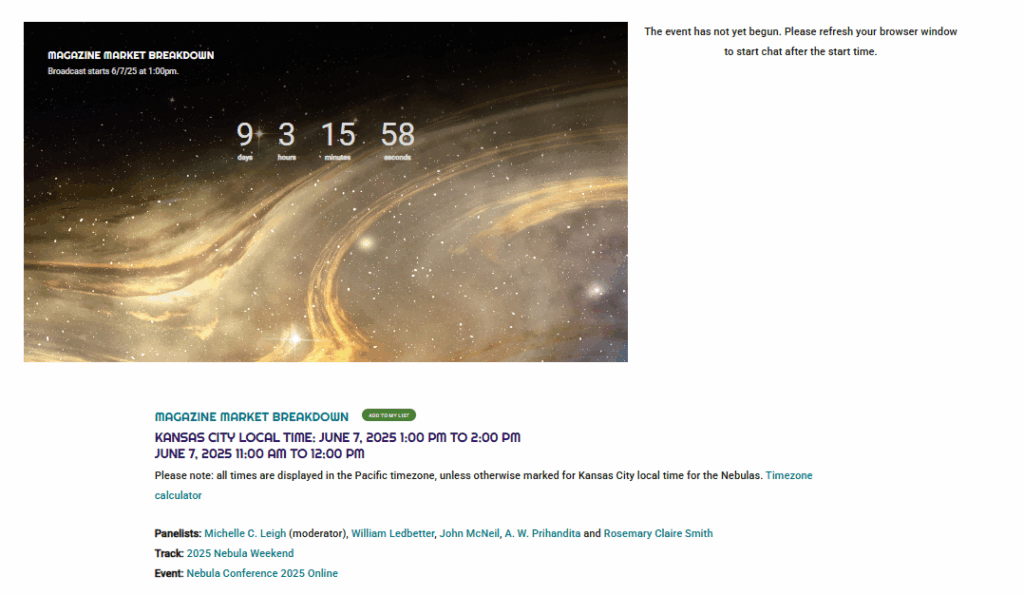 Screencap of a typical event page, with a countdown clock on the main image over the event details.