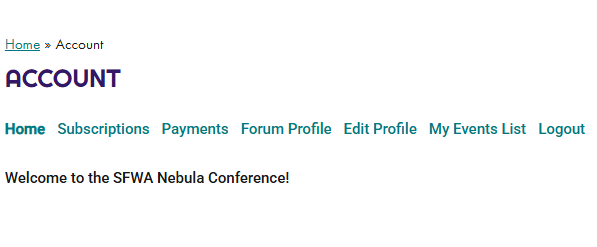 The basic Account page for logged in members, including a few tabs to monitor your access during the conference.